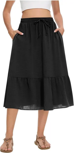 Summer Skirts for Women Trendy with Pockets Drawstring High Waisted Lightweight Casual Tiered Flowy A-Line Midi Skirt