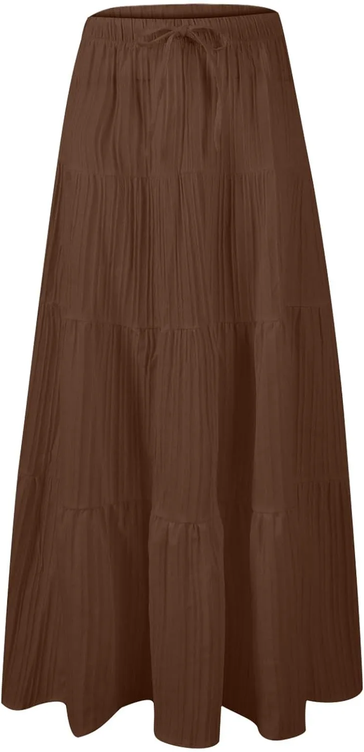 Tiered Long Skirts for Women Summer Vacation A-Line Pleated Skirt Drawstring High Waisted Flowy Swing Solid Maxi Skirts