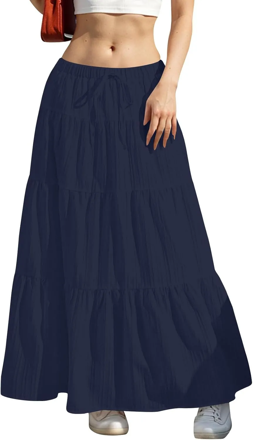 Tiered Long Skirts for Women Summer Vacation A-Line Pleated Skirt Drawstring High Waisted Flowy Swing Solid Maxi Skirts