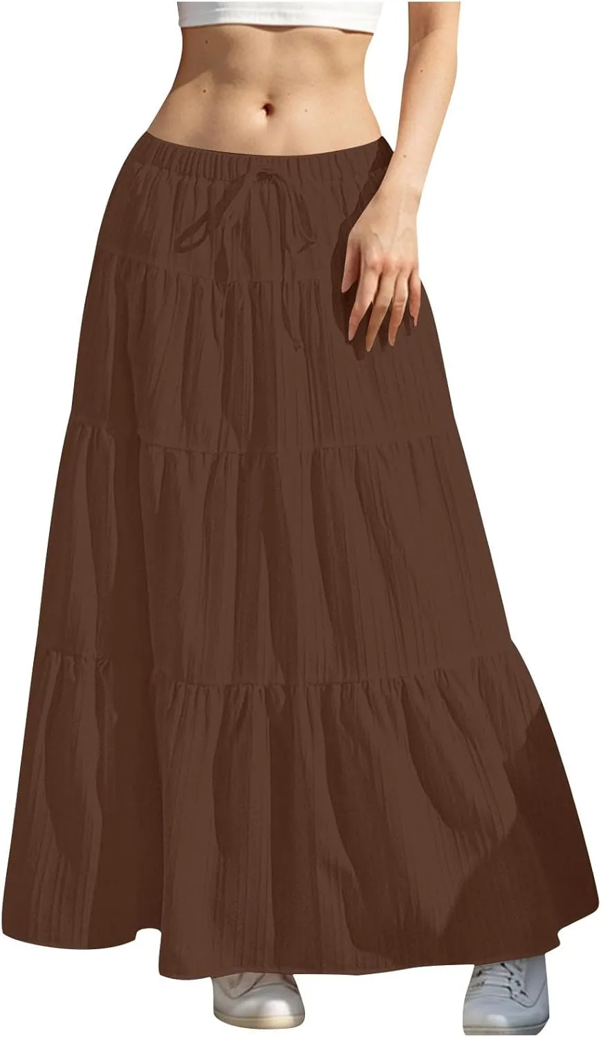 Tiered Long Skirts for Women Summer Vacation A-Line Pleated Skirt Drawstring High Waisted Flowy Swing Solid Maxi Skirts