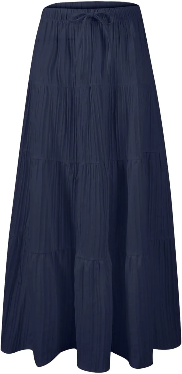 Tiered Long Skirts for Women Summer Vacation A-Line Pleated Skirt Drawstring High Waisted Flowy Swing Solid Maxi Skirts
