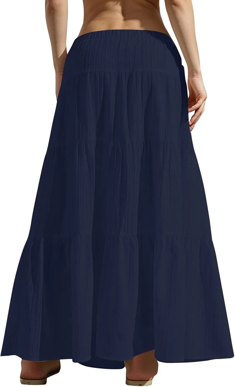 Tiered Long Skirts for Women Summer Vacation A-Line Pleated Skirt Drawstring High Waisted Flowy Swing Solid Maxi Skirts
