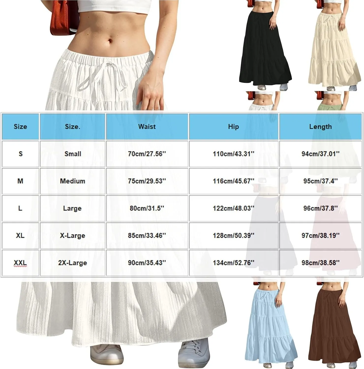 Tiered Long Skirts for Women Summer Vacation A-Line Pleated Skirt Drawstring High Waisted Flowy Swing Solid Maxi Skirts