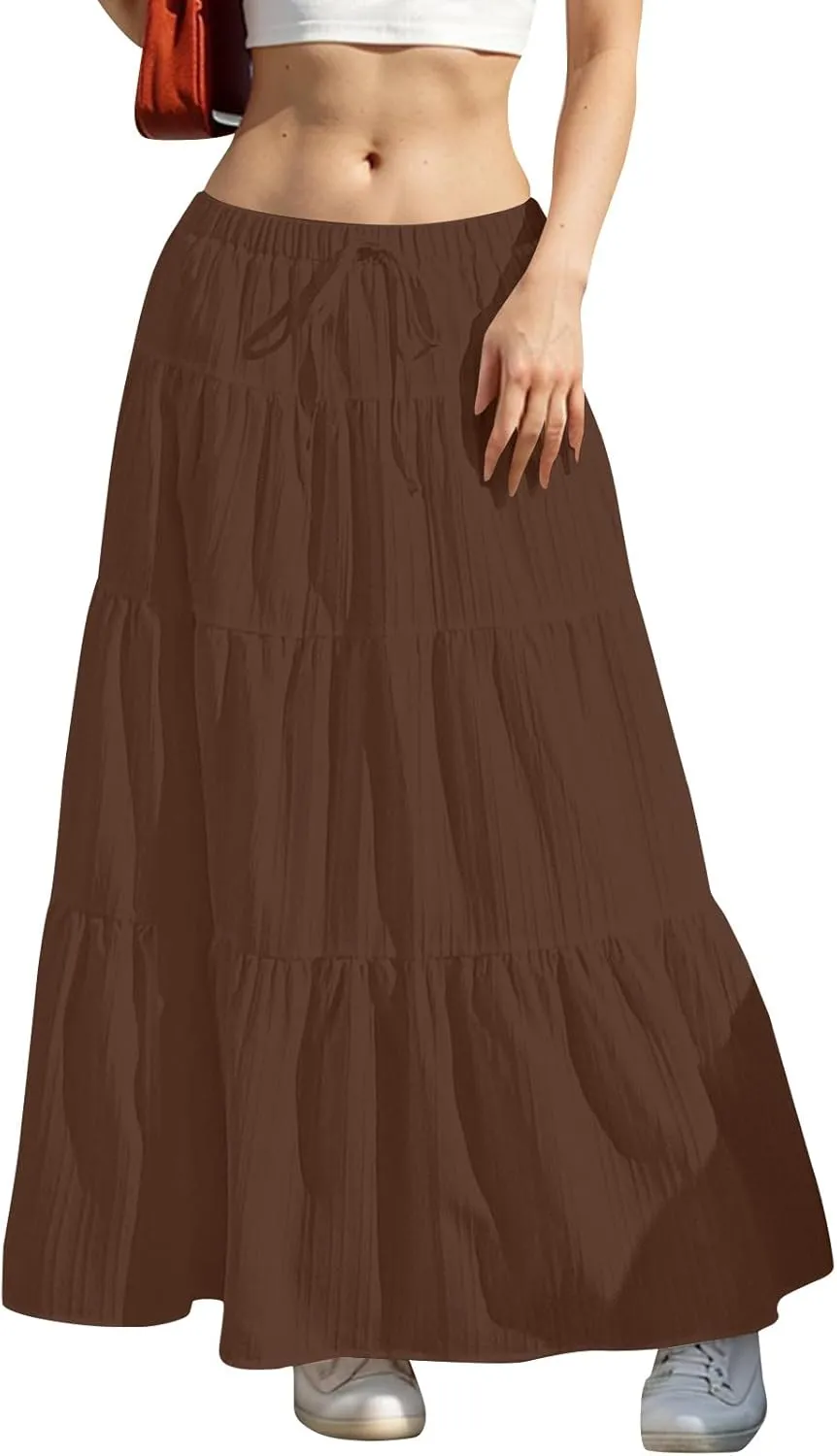 Tiered Long Skirts for Women Summer Vacation A-Line Pleated Skirt Drawstring High Waisted Flowy Swing Solid Maxi Skirts