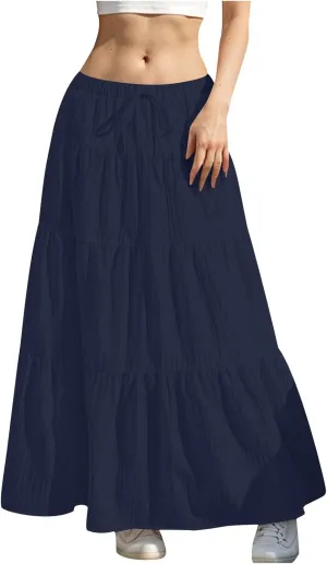 Tiered Long Skirts for Women Summer Vacation A-Line Pleated Skirt Drawstring High Waisted Flowy Swing Solid Maxi Skirts