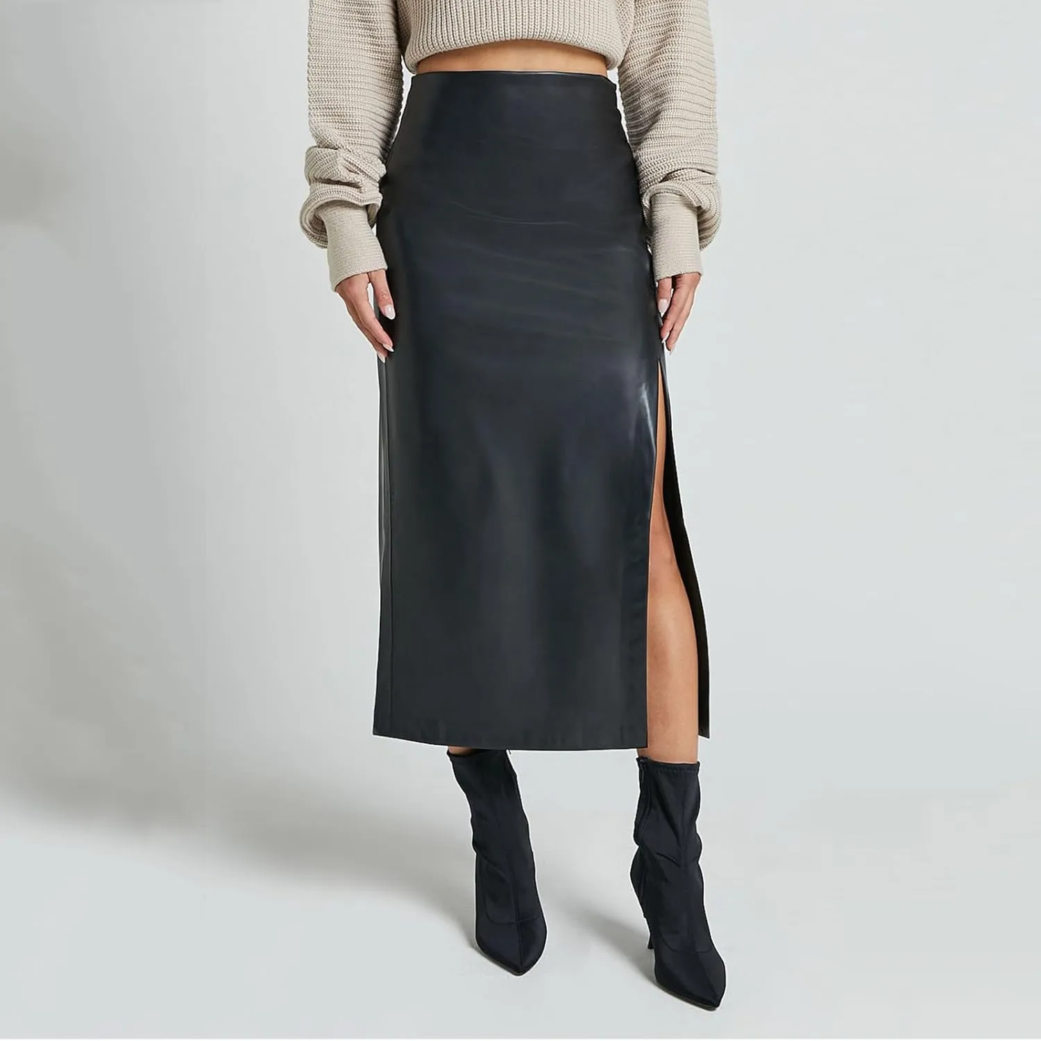 Women Fashion Leather Skirts Sexy High Rise Zipper Side Slit Wrap Midi Long Skirts Summer Causal Solid Ball Skirt
