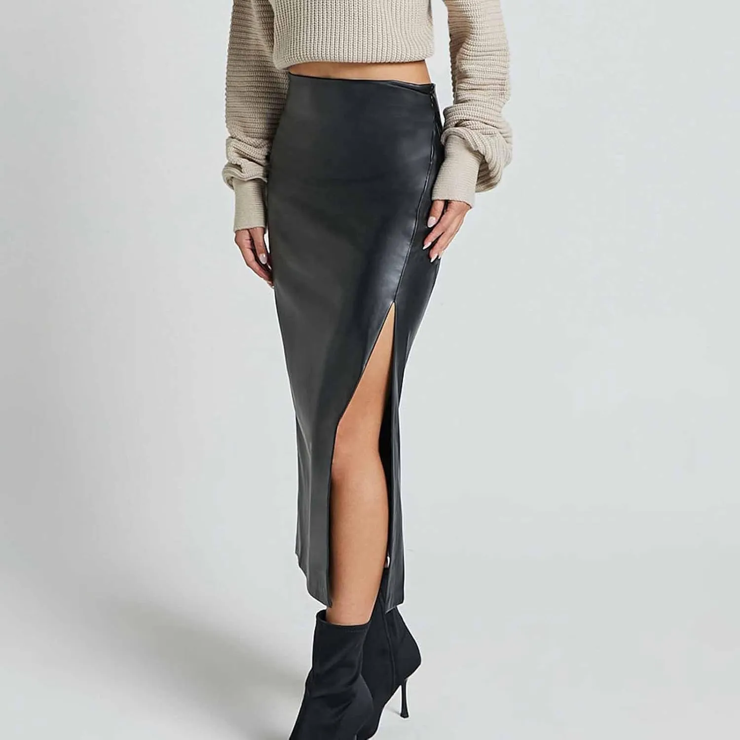 Women Fashion Leather Skirts Sexy High Rise Zipper Side Slit Wrap Midi Long Skirts Summer Causal Solid Ball Skirt
