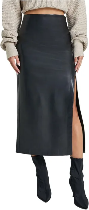 Women Fashion Leather Skirts Sexy High Rise Zipper Side Slit Wrap Midi Long Skirts Summer Causal Solid Ball Skirt