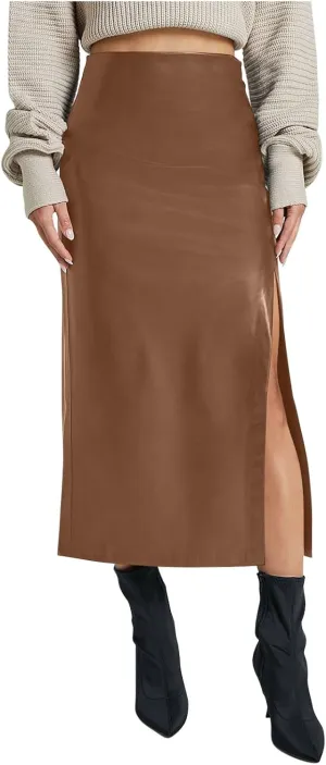 Women Fashion Leather Skirts Sexy High Rise Zipper Side Slit Wrap Midi Long Skirts Summer Causal Solid Ball Skirt