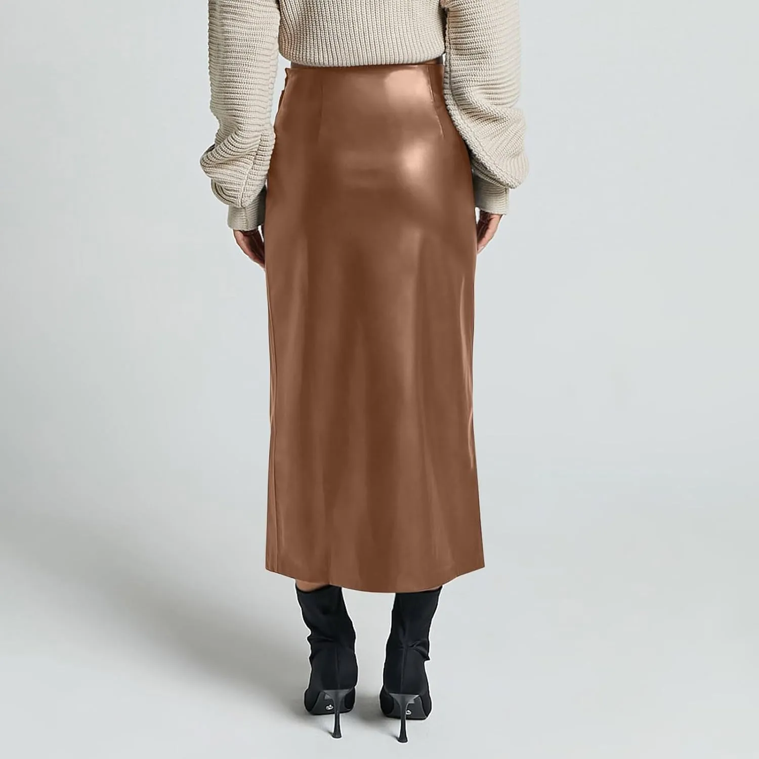 Women Fashion Leather Skirts Sexy High Rise Zipper Side Slit Wrap Midi Long Skirts Summer Causal Solid Ball Skirt