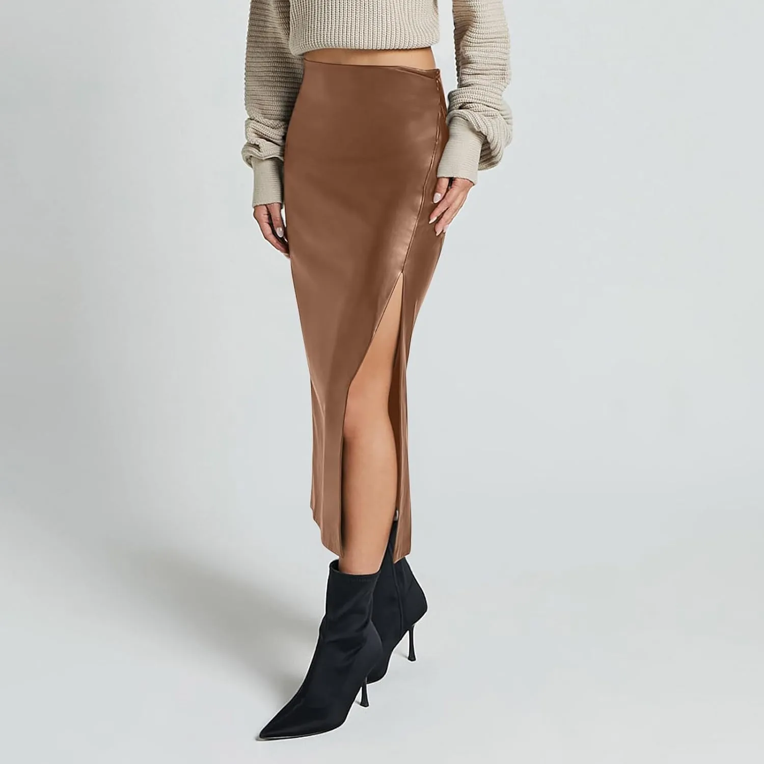 Women Fashion Leather Skirts Sexy High Rise Zipper Side Slit Wrap Midi Long Skirts Summer Causal Solid Ball Skirt