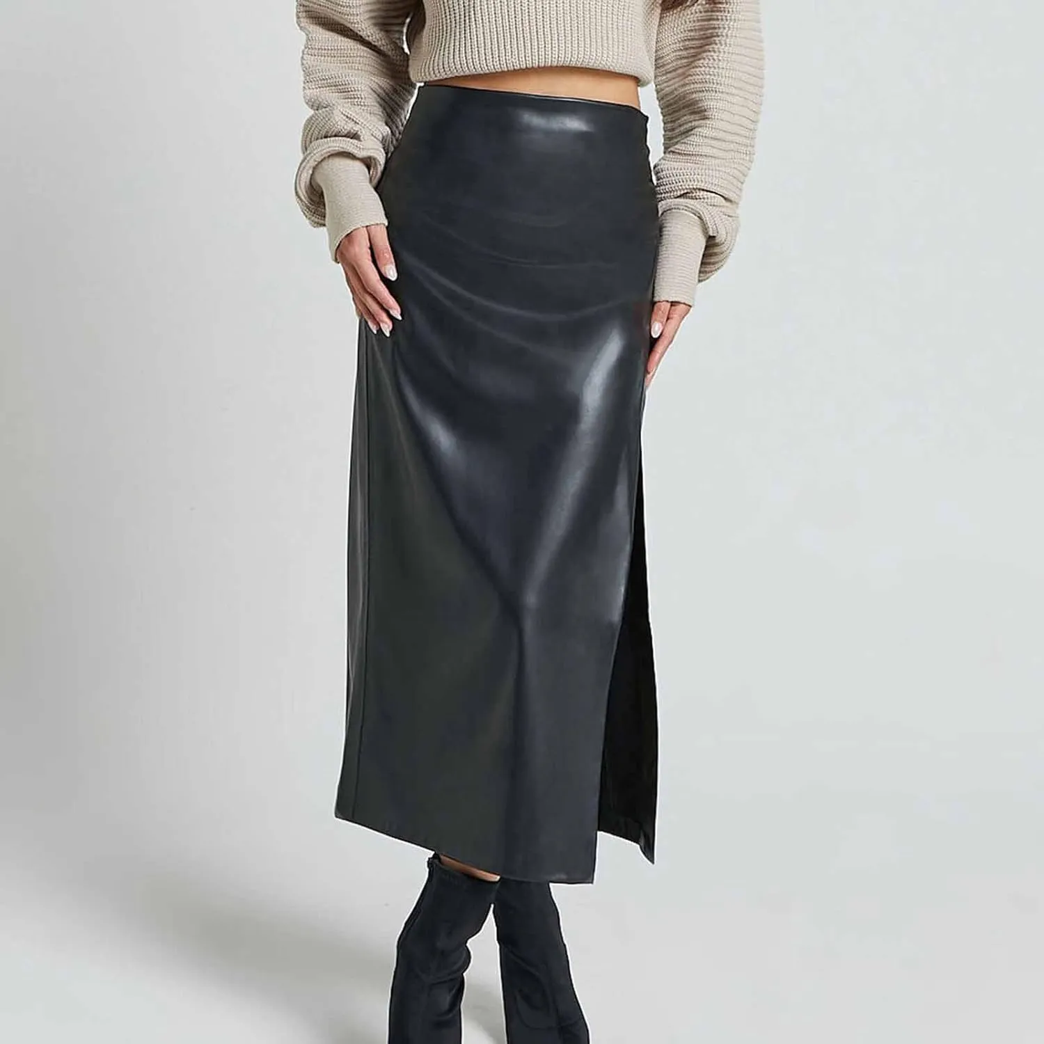 Women Fashion Leather Skirts Sexy High Rise Zipper Side Slit Wrap Midi Long Skirts Summer Causal Solid Ball Skirt