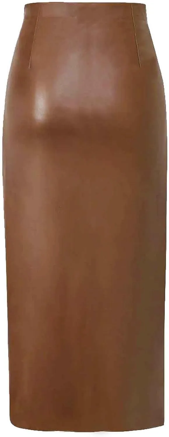 Women Fashion Leather Skirts Sexy High Rise Zipper Side Slit Wrap Midi Long Skirts Summer Causal Solid Ball Skirt