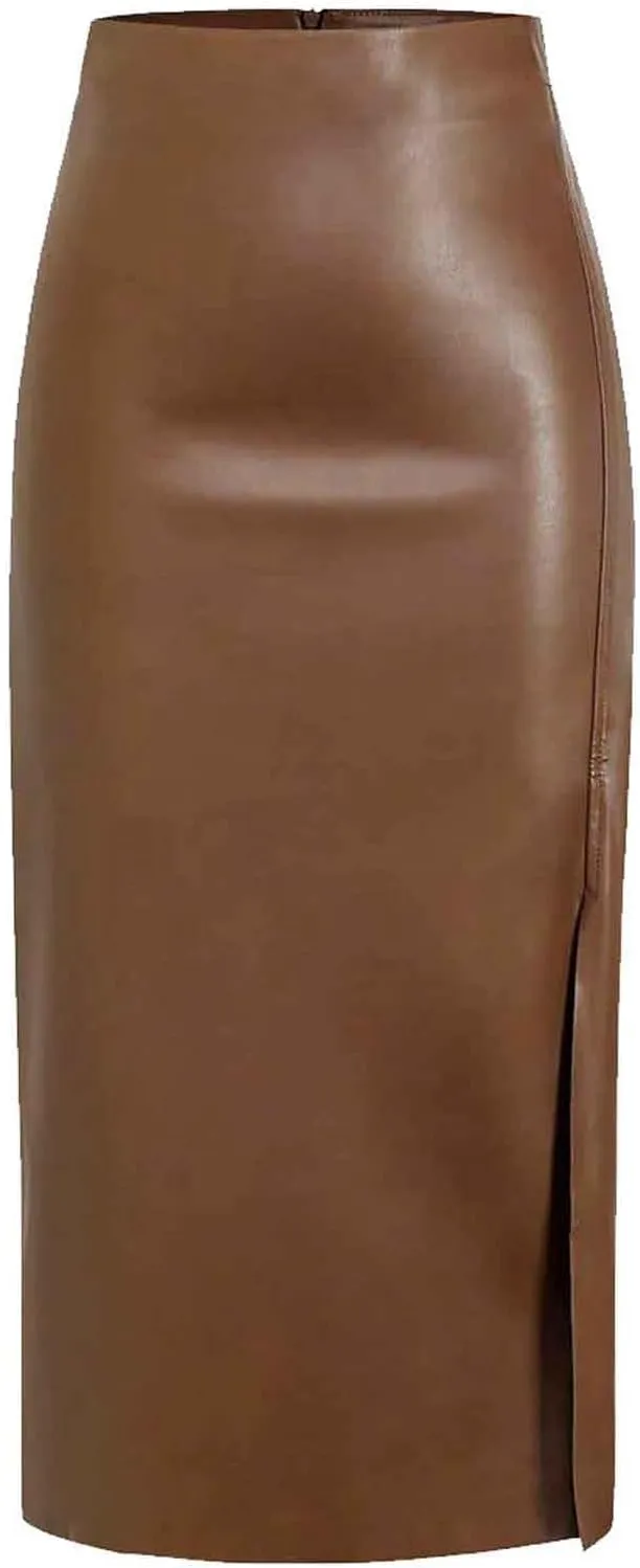 Women Fashion Leather Skirts Sexy High Rise Zipper Side Slit Wrap Midi Long Skirts Summer Causal Solid Ball Skirt