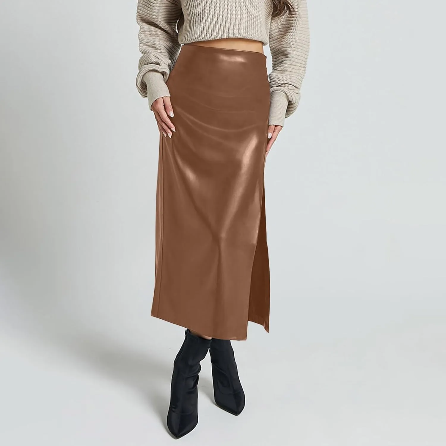 Women Fashion Leather Skirts Sexy High Rise Zipper Side Slit Wrap Midi Long Skirts Summer Causal Solid Ball Skirt