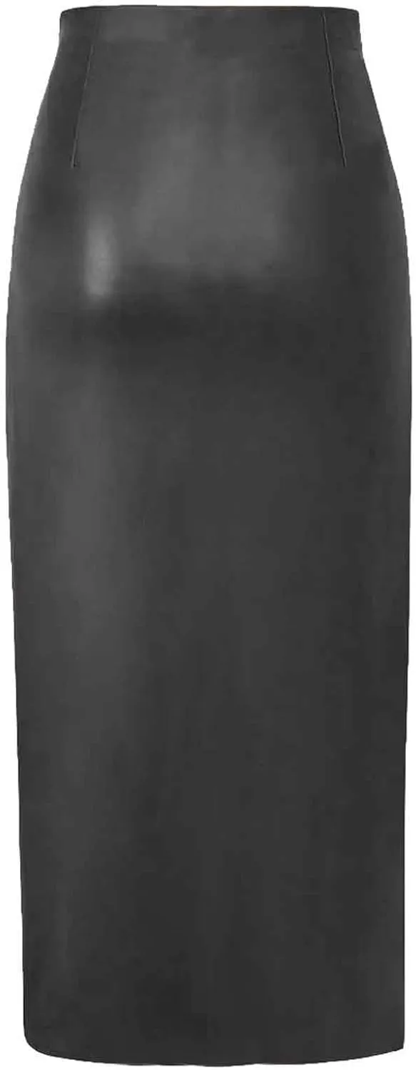 Women Fashion Leather Skirts Sexy High Rise Zipper Side Slit Wrap Midi Long Skirts Summer Causal Solid Ball Skirt