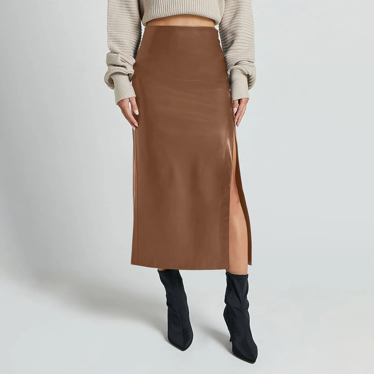 Women Fashion Leather Skirts Sexy High Rise Zipper Side Slit Wrap Midi Long Skirts Summer Causal Solid Ball Skirt
