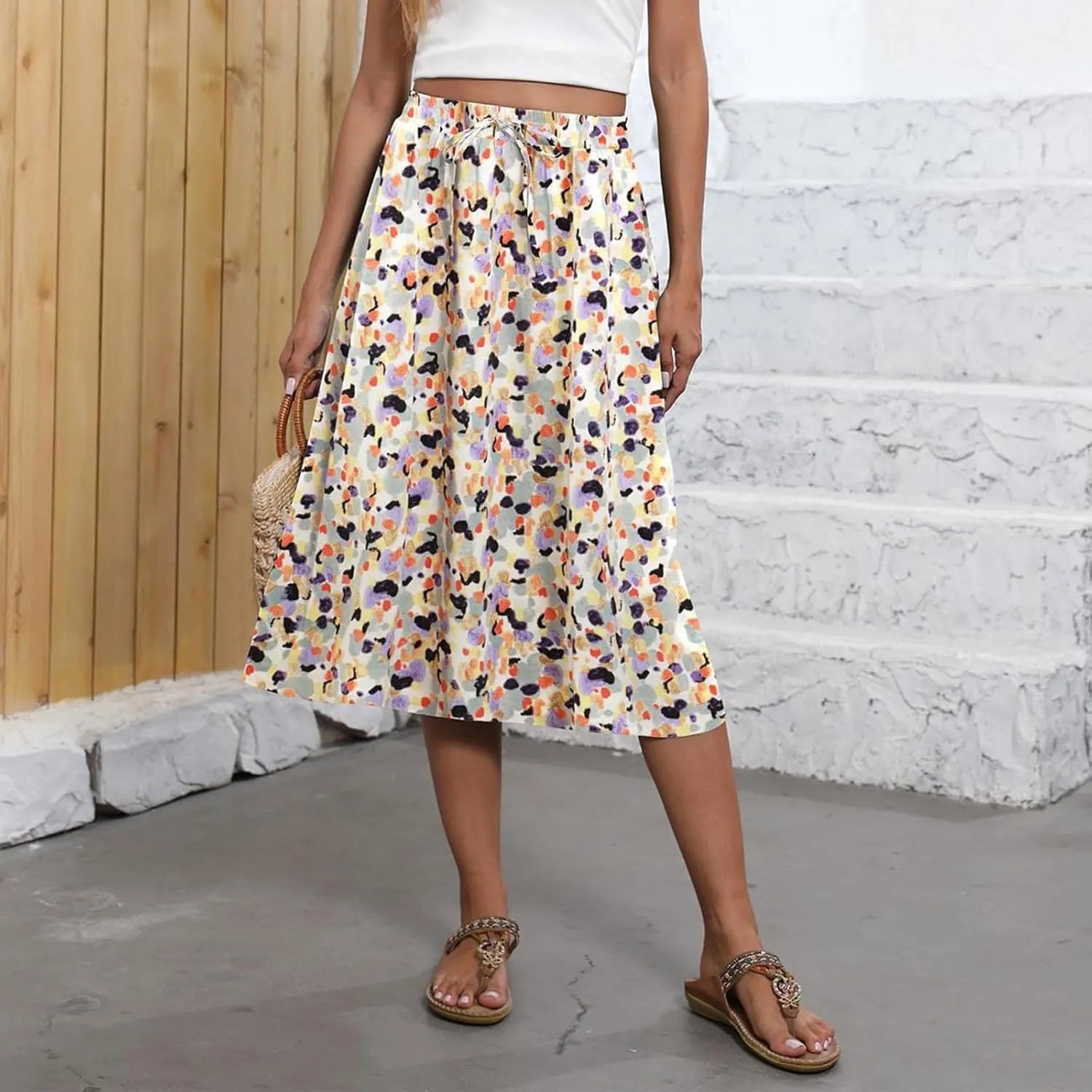 Women's Beach Vacation Clothes Casual Loose Trendy Elastic High Waist Floral Print Bohemian Maxi Skirts 2025, S-2XL