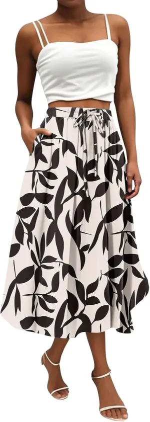 Women's Boho Outfits 2025 Bohemian Long Skirts Flowy High Waist A Line Summer Pleated Skirts, S-2XL