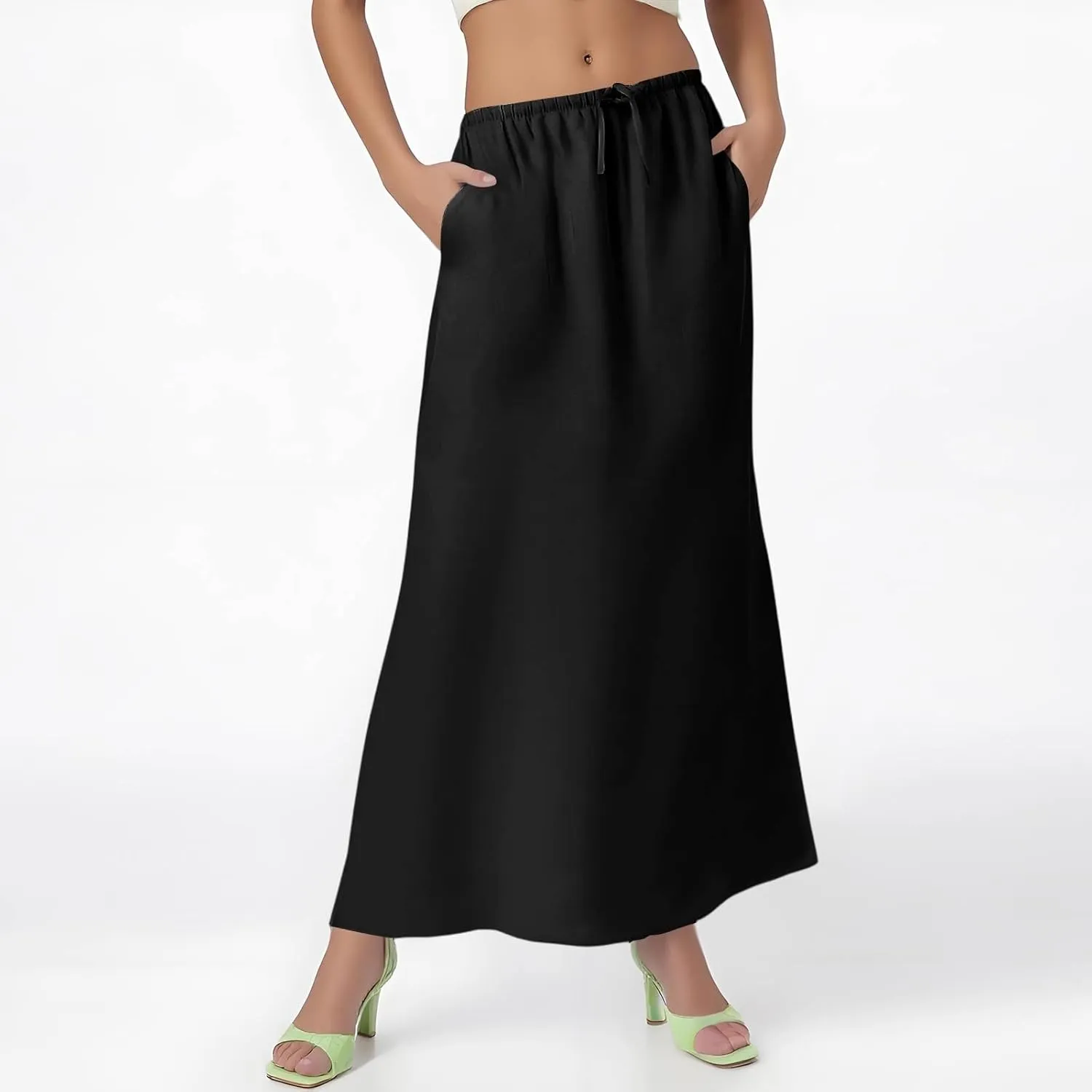 Women's Boho Skirts Linen Flared Maxi Skirt with Back Slit-Elastic Waist Drawstring Long Flowy Skirt, S-2XL