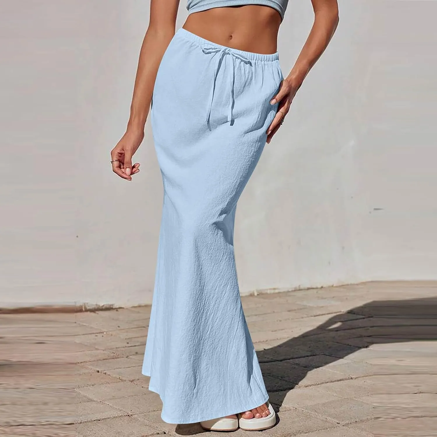 Women's Boho Skirts Linen Flared Maxi Skirt with Back Slit-Elastic Waist Drawstring Long Flowy Skirt, S-2XL