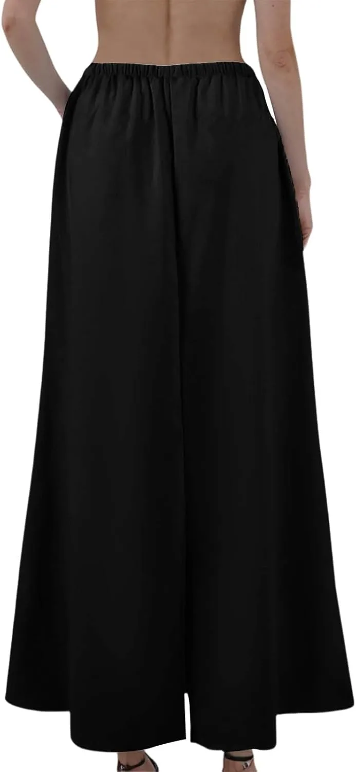 Women's Boho Skirts Linen Flared Maxi Skirt with Back Slit-Elastic Waist Drawstring Long Flowy Skirt, S-2XL