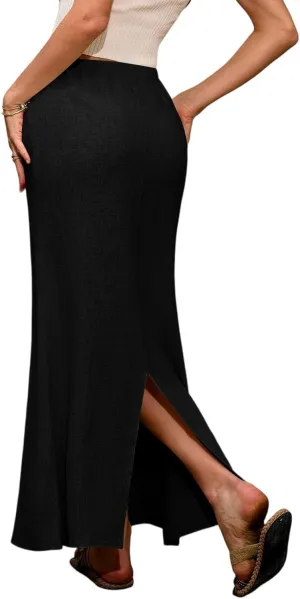 Women's Boho Skirts Linen Flared Maxi Skirt with Back Slit-Elastic Waist Drawstring Long Flowy Skirt, S-2XL
