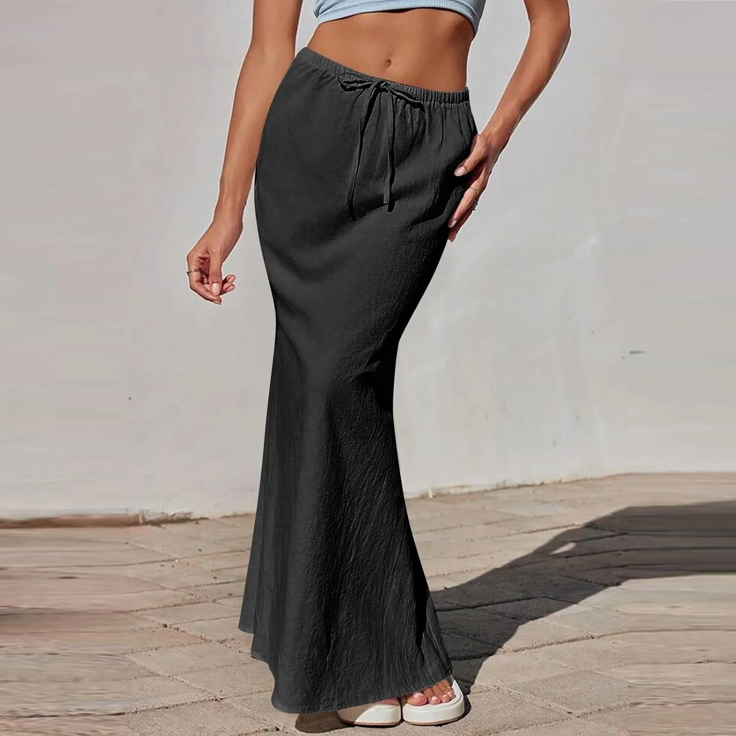 Women's Boho Skirts Linen Flared Maxi Skirt with Back Slit-Elastic Waist Drawstring Long Flowy Skirt, S-2XL