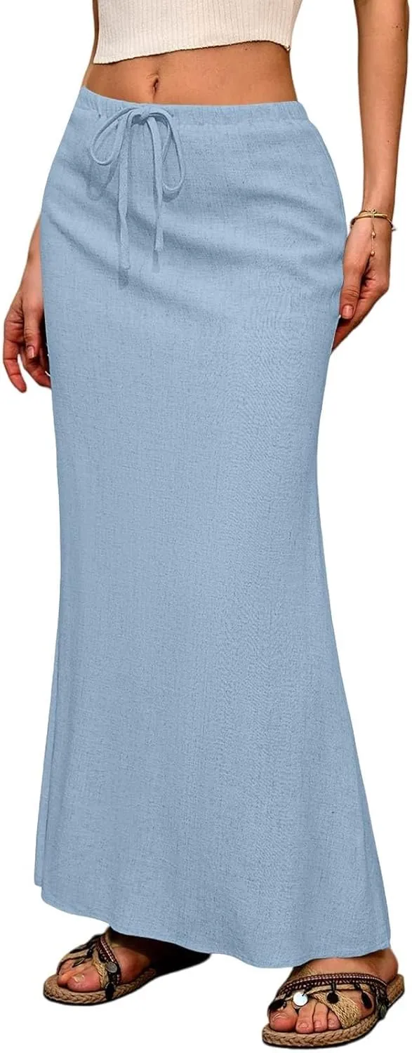 Women's Boho Skirts Linen Flared Maxi Skirt with Back Slit-Elastic Waist Drawstring Long Flowy Skirt, S-2XL
