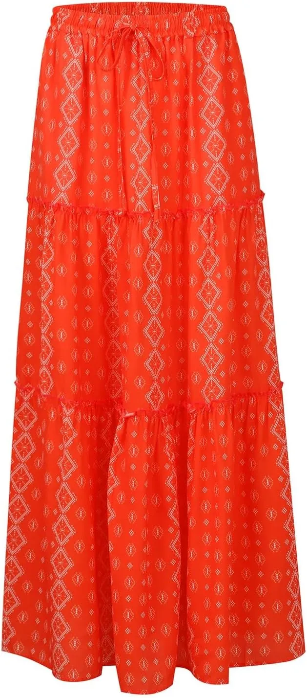 Womens Boho Tiered High Waist Tie Paisley Floral Print Long Maxi Skirt with Pockets