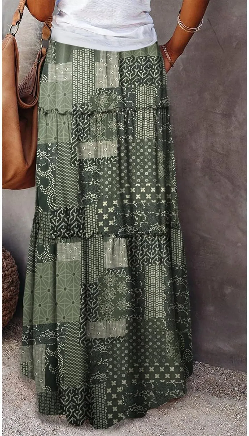 Womens Boho Tiered High Waist Tie Paisley Floral Print Long Maxi Skirt with Pockets