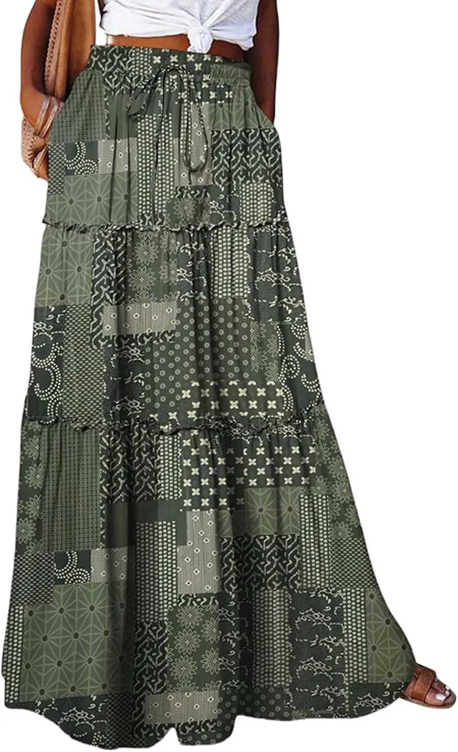 Womens Boho Tiered High Waist Tie Paisley Floral Print Long Maxi Skirt with Pockets