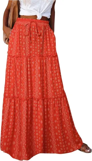 Womens Boho Tiered High Waist Tie Paisley Floral Print Long Maxi Skirt with Pockets