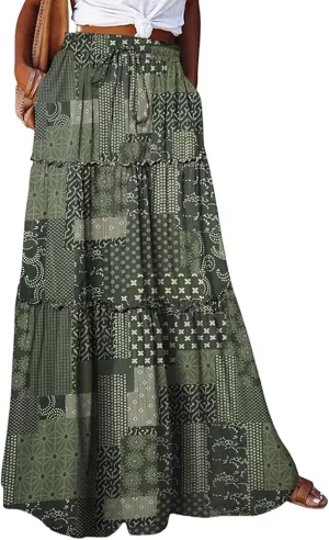 Womens Boho Tiered High Waist Tie Paisley Floral Print Long Maxi Skirt with Pockets