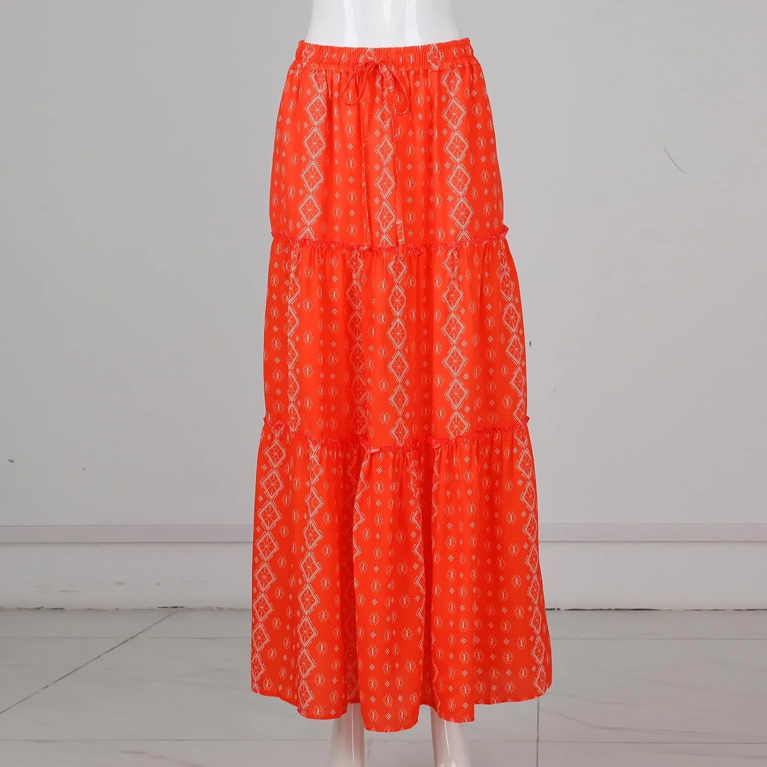 Womens Boho Tiered High Waist Tie Paisley Floral Print Long Maxi Skirt with Pockets