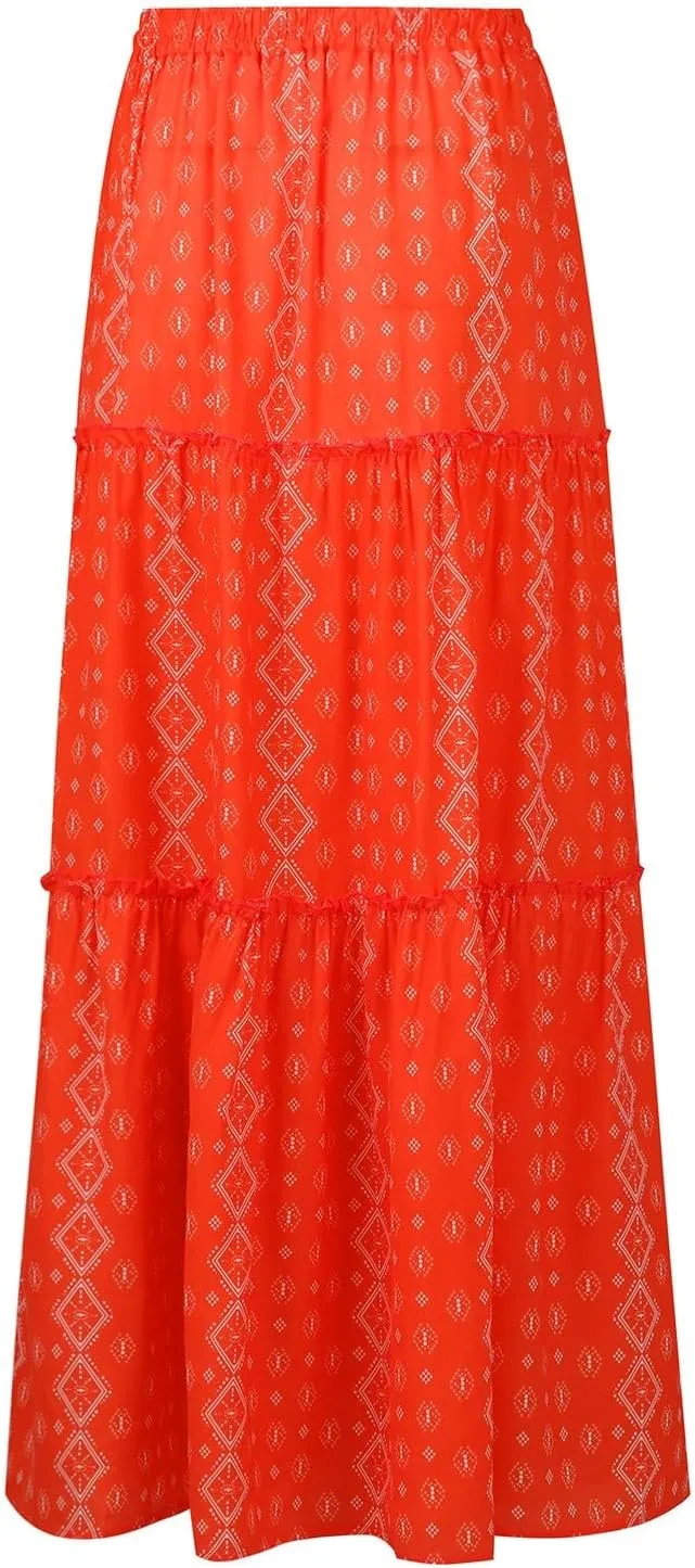 Womens Boho Tiered High Waist Tie Paisley Floral Print Long Maxi Skirt with Pockets