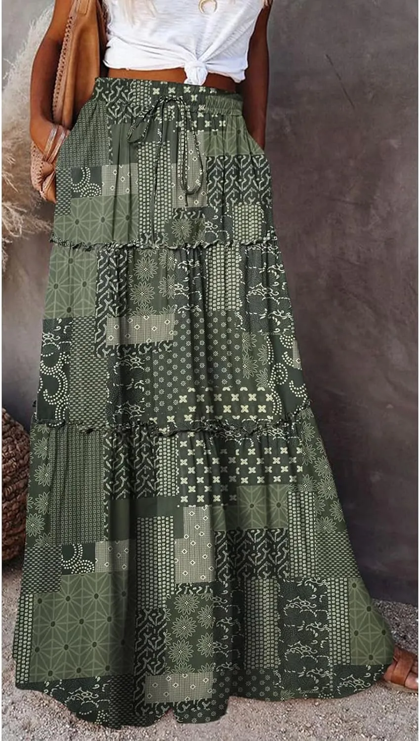 Womens Boho Tiered High Waist Tie Paisley Floral Print Long Maxi Skirt with Pockets