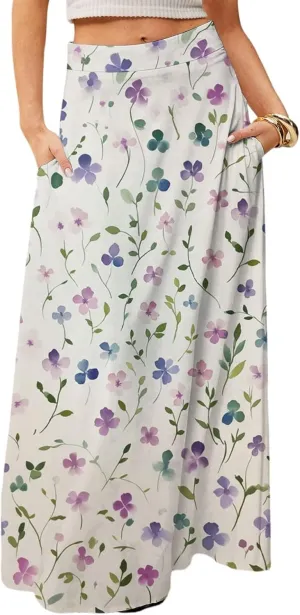 Women's Concert Outfits Skirt Casual Elastic High Waist Maxi Skirts Flowy A Line Beach Sundresses, S-2XL