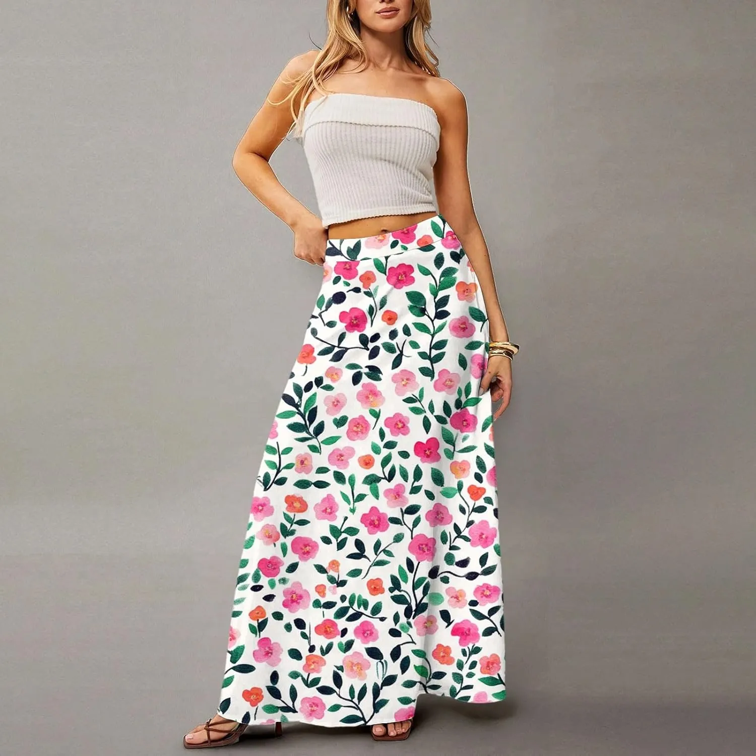 Women's Concert Outfits Skirt Casual Elastic High Waist Maxi Skirts Flowy A Line Beach Sundresses, S-2XL