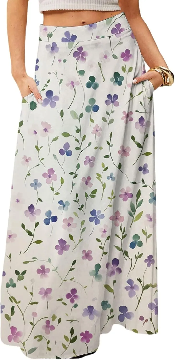 Women's Concert Outfits Skirt Casual Elastic High Waist Maxi Skirts Flowy A Line Beach Sundresses, S-2XL