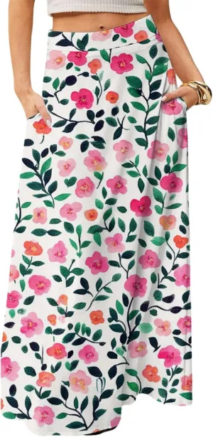 Women's Concert Outfits Skirt Casual Elastic High Waist Maxi Skirts Flowy A Line Beach Sundresses, S-2XL
