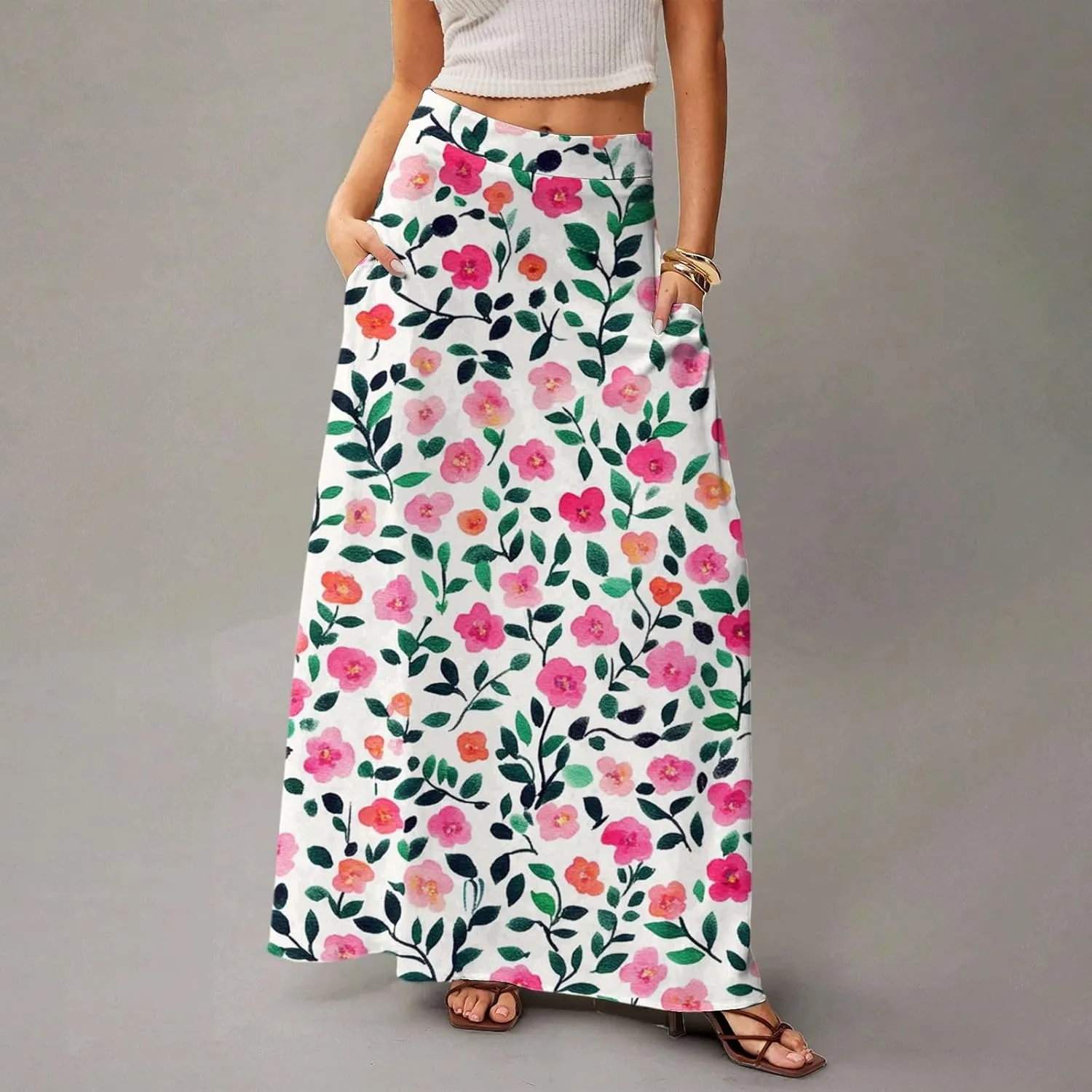 Women's Concert Outfits Skirt Casual Elastic High Waist Maxi Skirts Flowy A Line Beach Sundresses, S-2XL