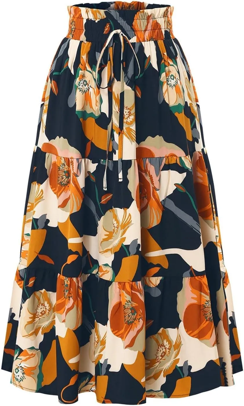 Women's Elastic High Waist Skirts Pleated Floral Print A-Line Midi Skirt Boho Casual Tiered Beach Vacation Party Skirt