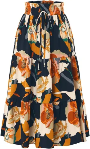 Women's Elastic High Waist Skirts Pleated Floral Print A-Line Midi Skirt Boho Casual Tiered Beach Vacation Party Skirt