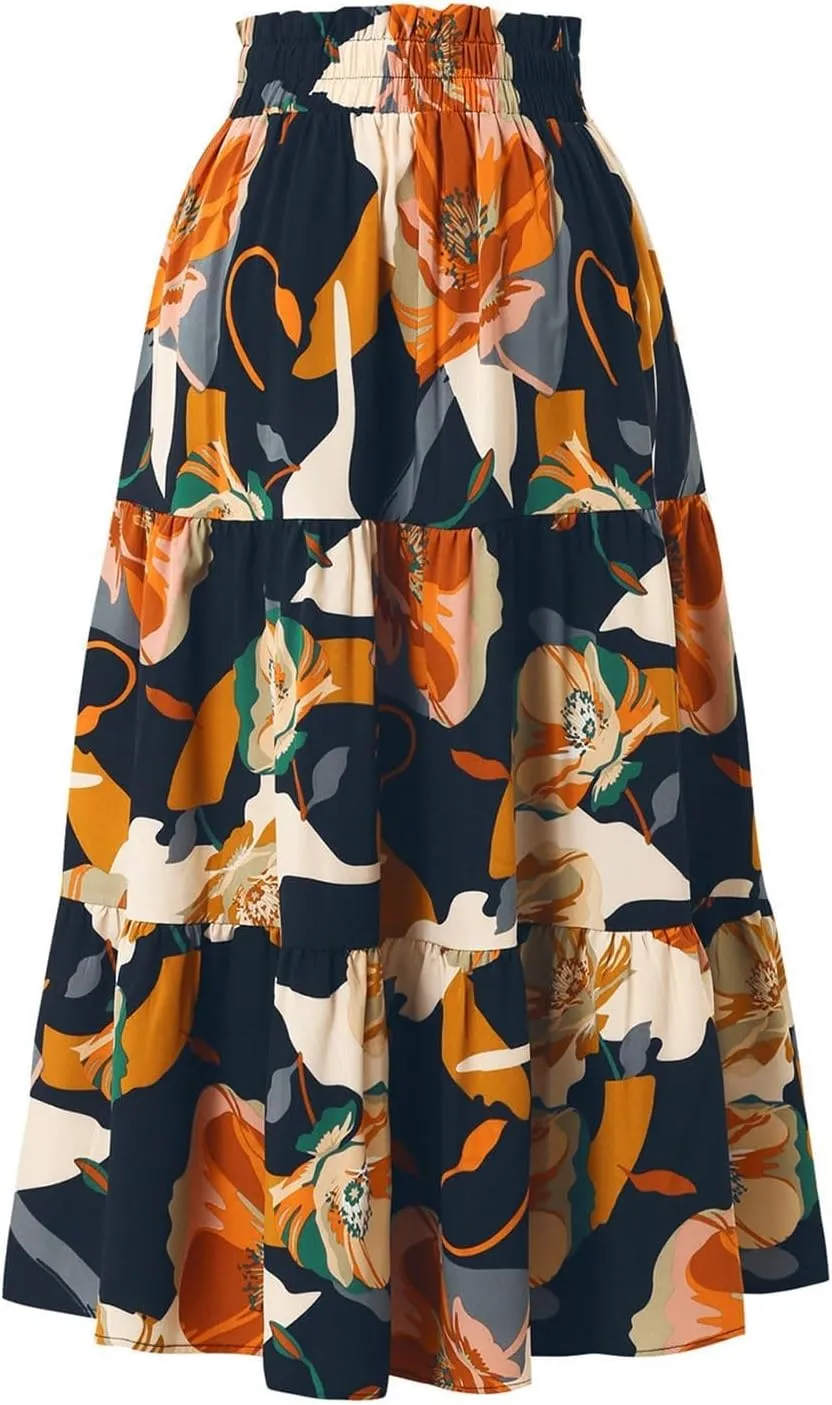 Women's Elastic High Waist Skirts Pleated Floral Print A-Line Midi Skirt Boho Casual Tiered Beach Vacation Party Skirt