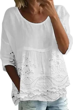 Womens Floral Embroidered Peasant Tops 3/4 Length Sleeve Casual Loose Fit Empire Waist Flowy Boho Babydoll Blouses