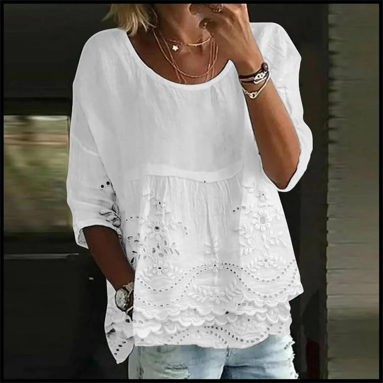 Womens Floral Embroidered Peasant Tops 3/4 Length Sleeve Casual Loose Fit Empire Waist Flowy Boho Babydoll Blouses