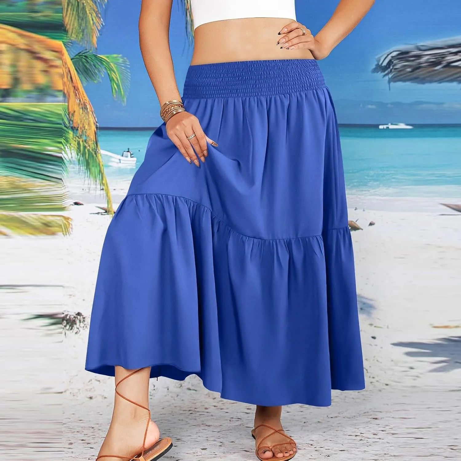 Women's Flowy Skirts Casual Elegant Smock Layered Tiered Maxi Skirt High Waisted A Line Long Skirts Outfits, S-XL