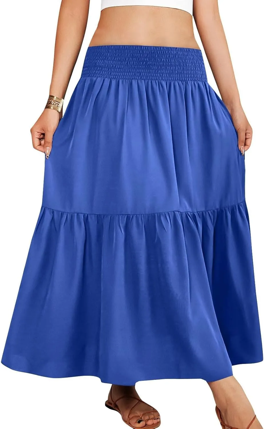 Women's Flowy Skirts Casual Elegant Smock Layered Tiered Maxi Skirt High Waisted A Line Long Skirts Outfits, S-XL
