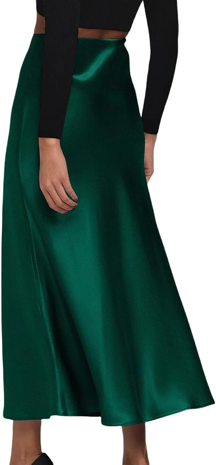 Womens High Waist Midi Skirts Summer Spring Elegant Satin Silk A-Line Skirts Dressy Flowy Cocktail Party Wedding Skirt